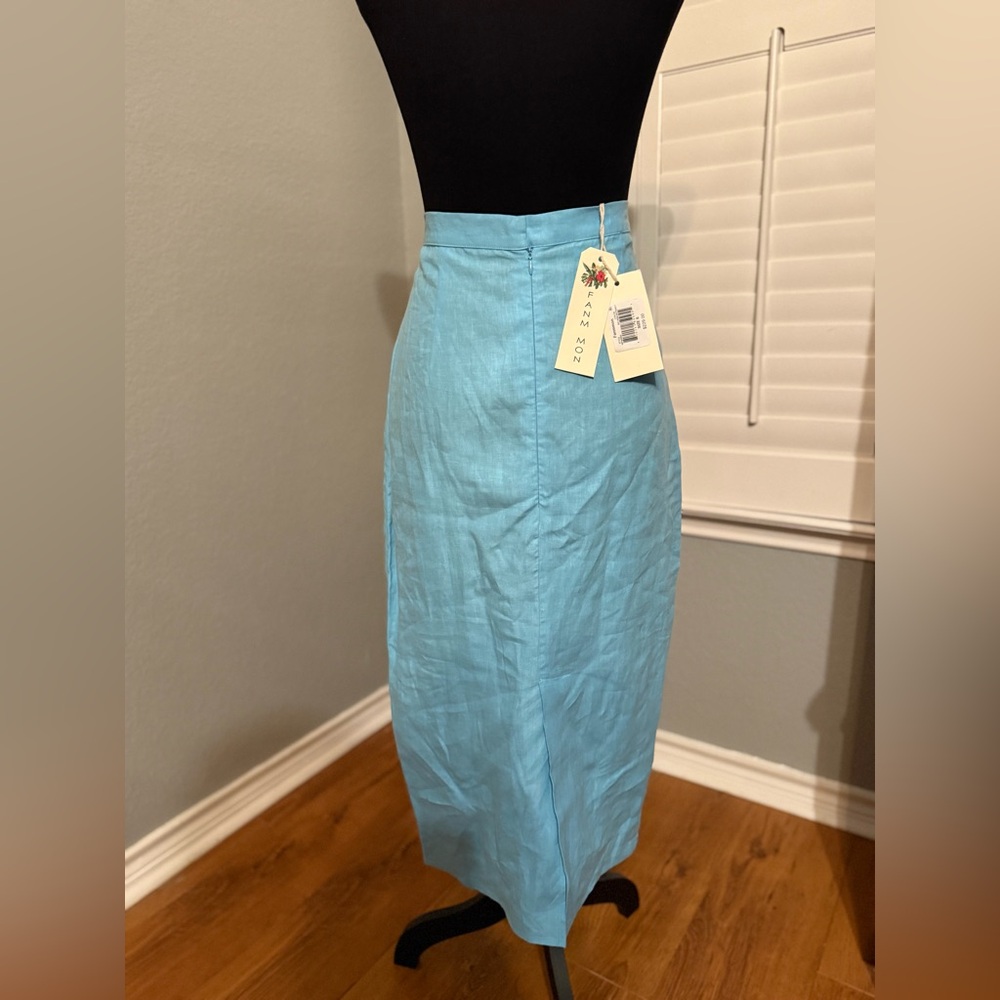 NWT Fanm Mon Marion Linen Teal Butterfly Midi Pencil Skirt Size S - Picture 3 of 4
